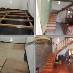 escalera de madera y piso parquet de eucalipto rostrata plastificado brillante